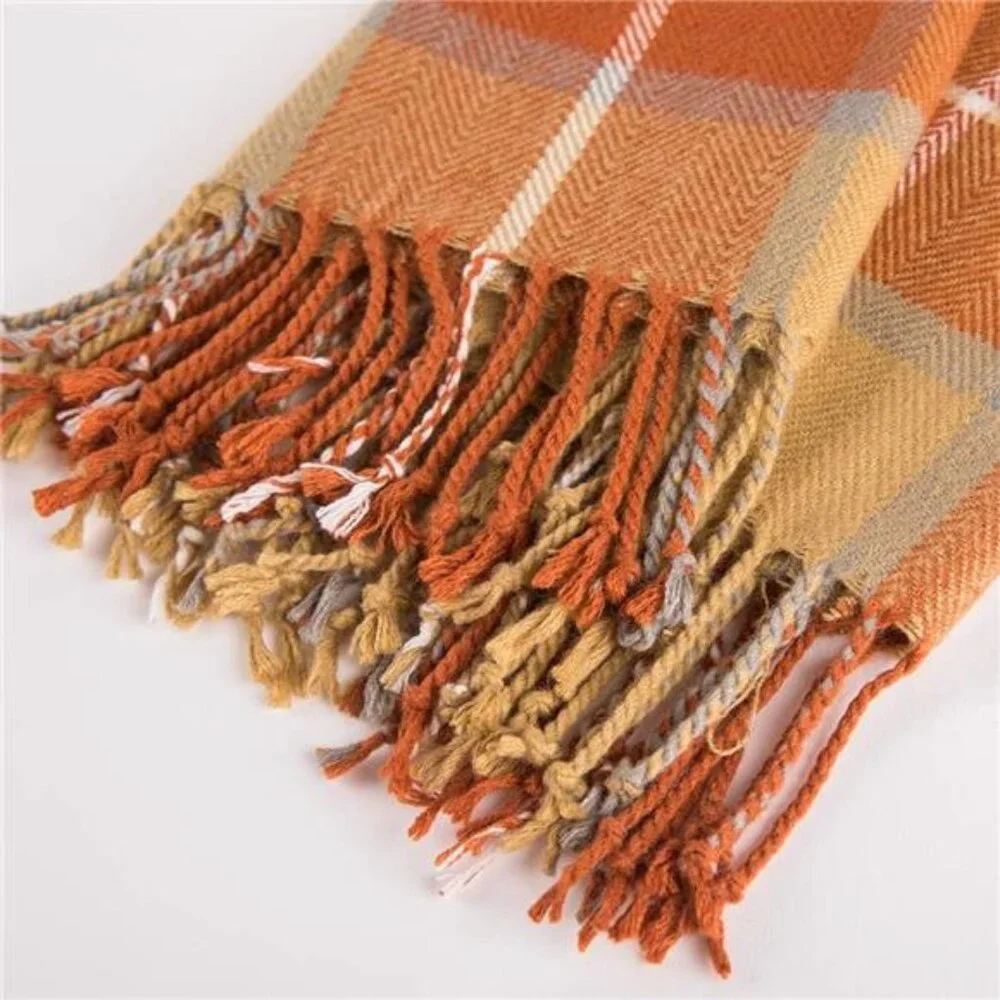 Orange Plaid Blanket Throw Acrylic Soft Reversible Dyed Fringed Bed Blanket Gift